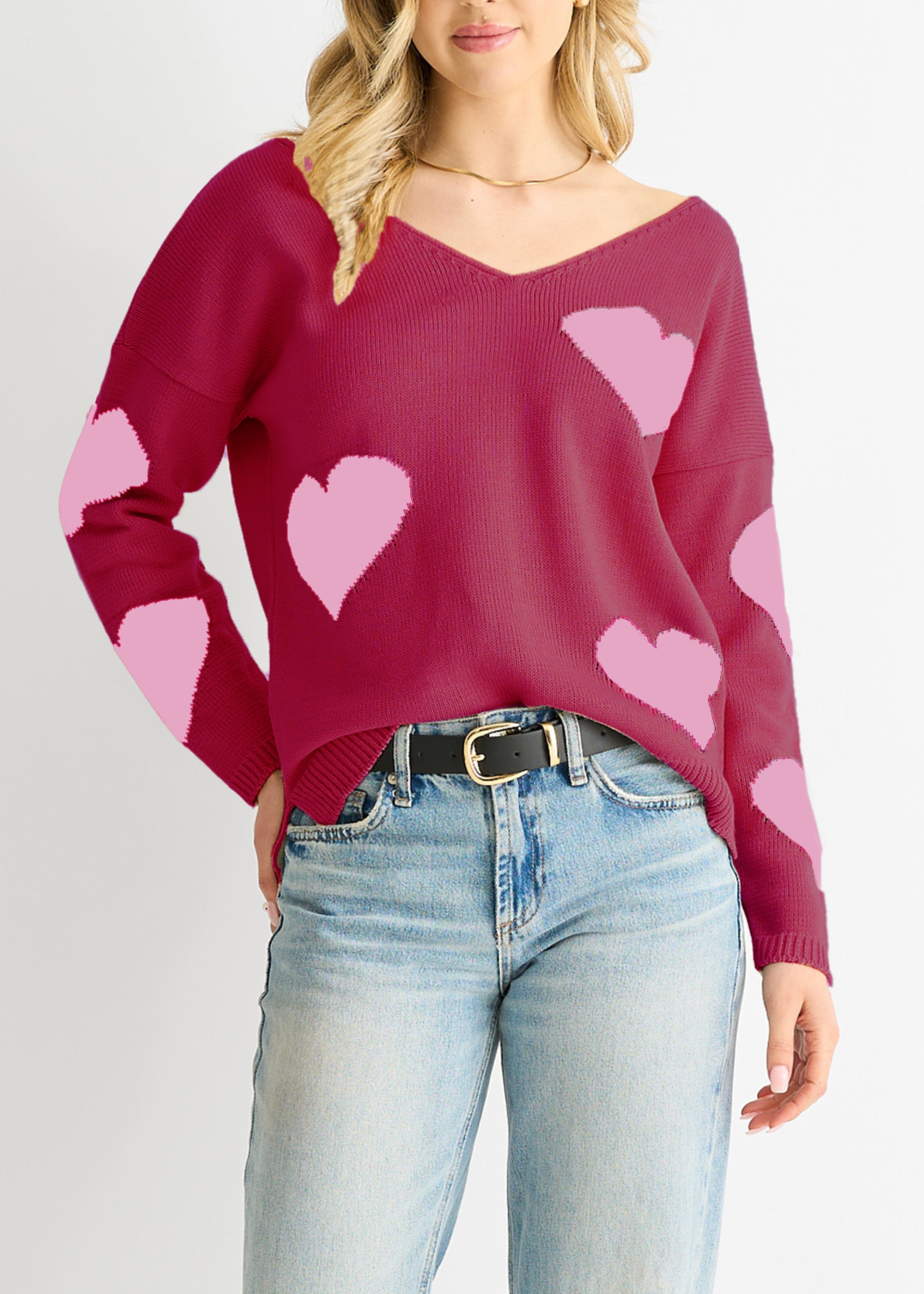 Red V Neck Oversized Heart Knit Jumper