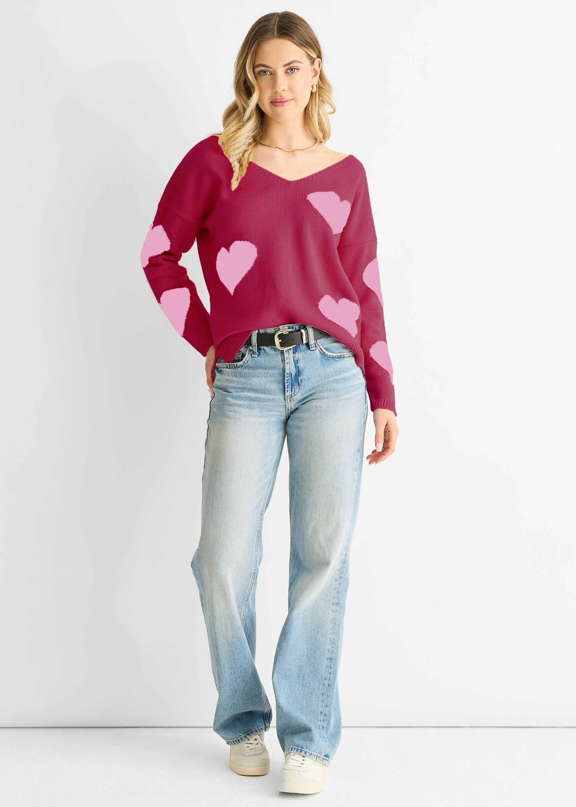 Red V Neck Oversized Heart Knit Jumper