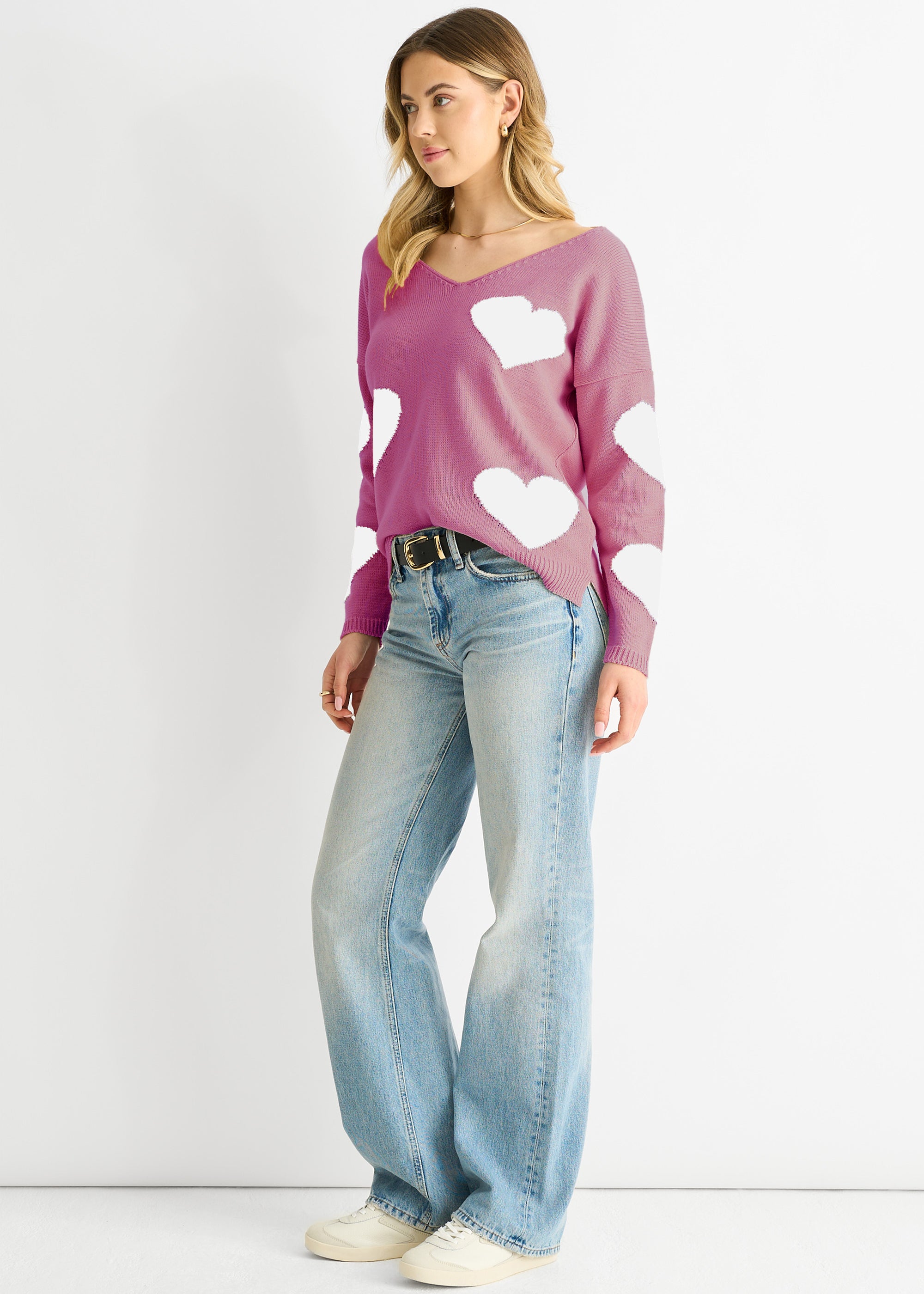 Dusty Pink V Neck Oversized Heart Knit Jumper