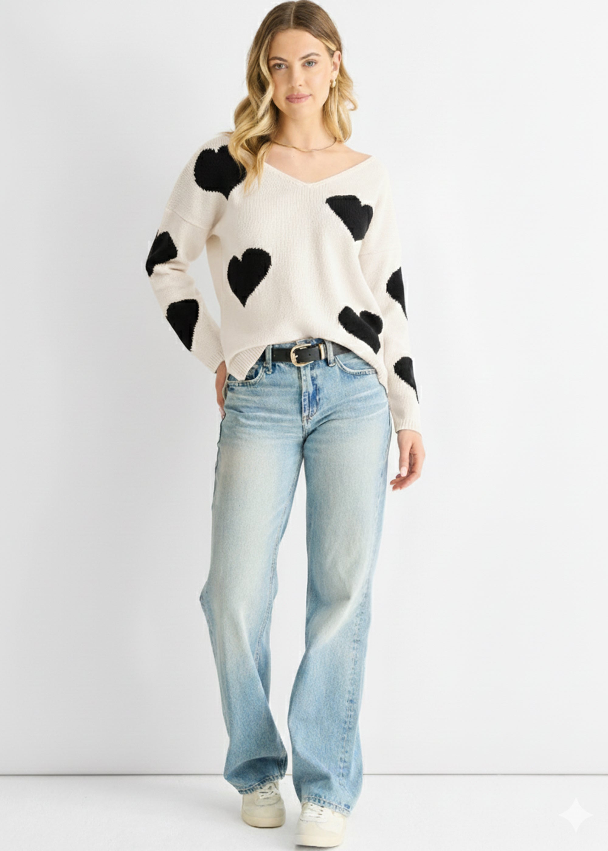 White V Neck Heart Knit Jumper