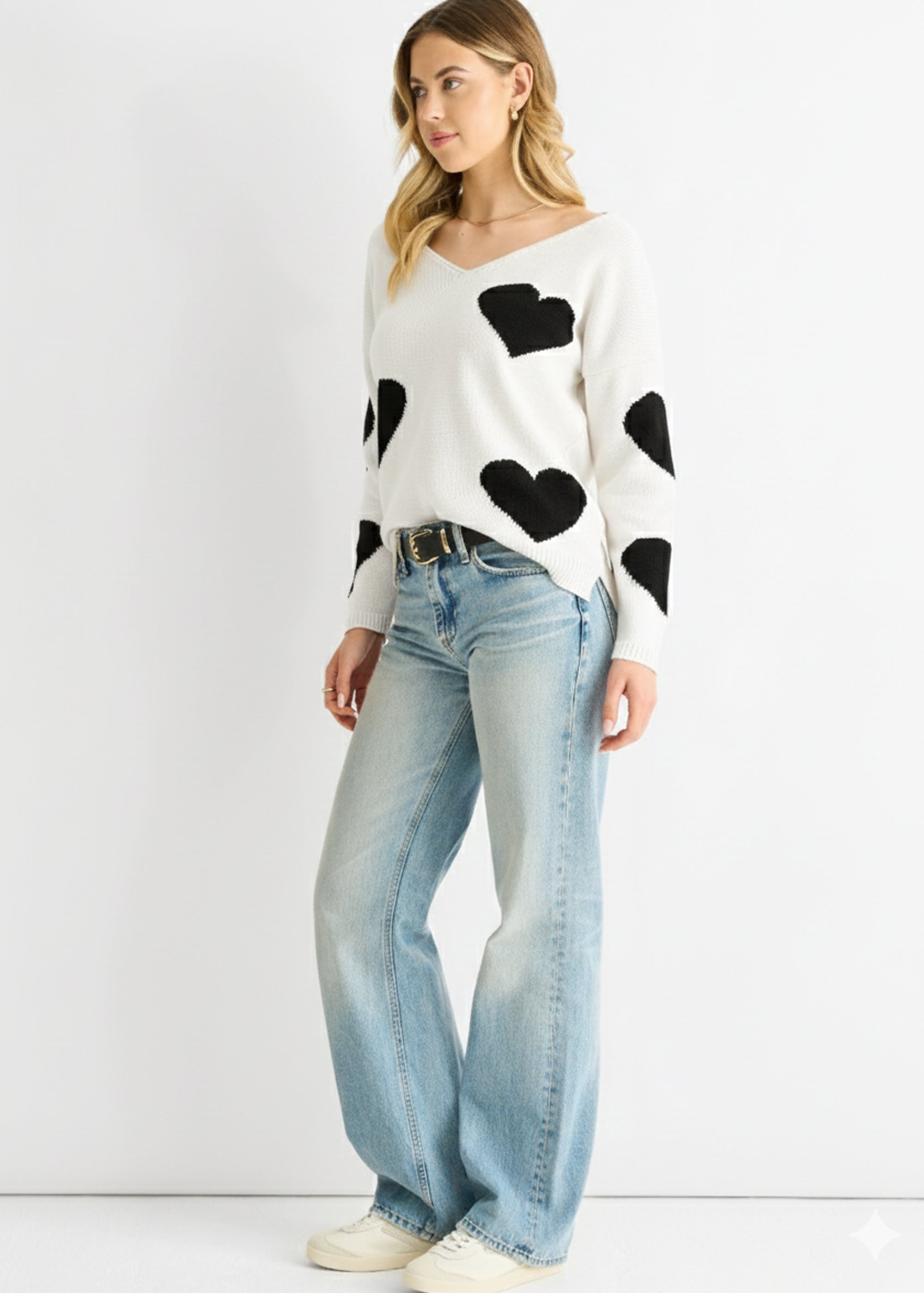 White V Neck Heart Knit Jumper