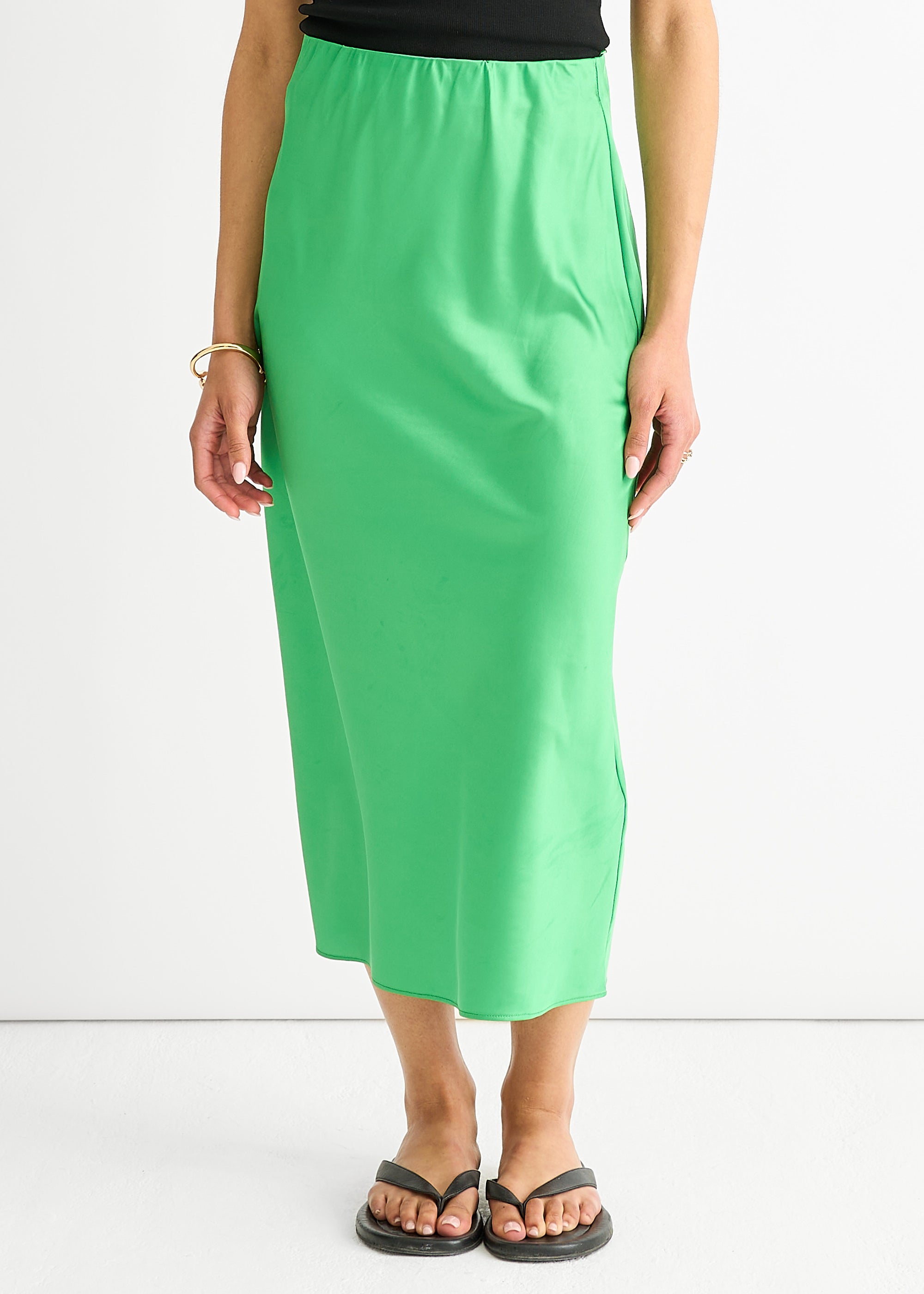 Green Satin High Waist Midi Skirt