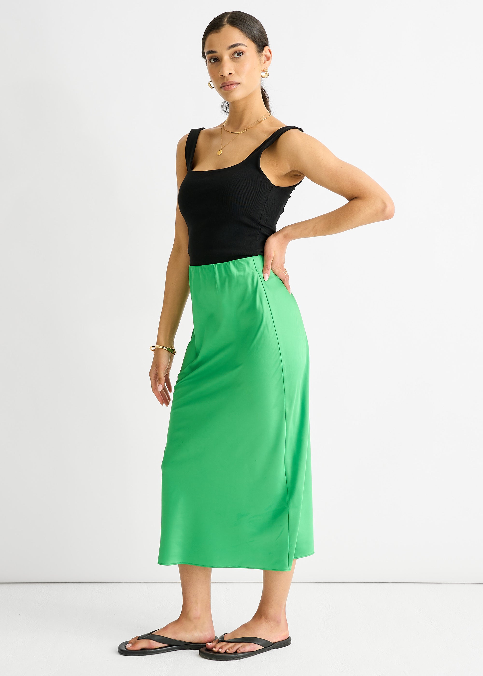 Green Satin High Waist Midi Skirt
