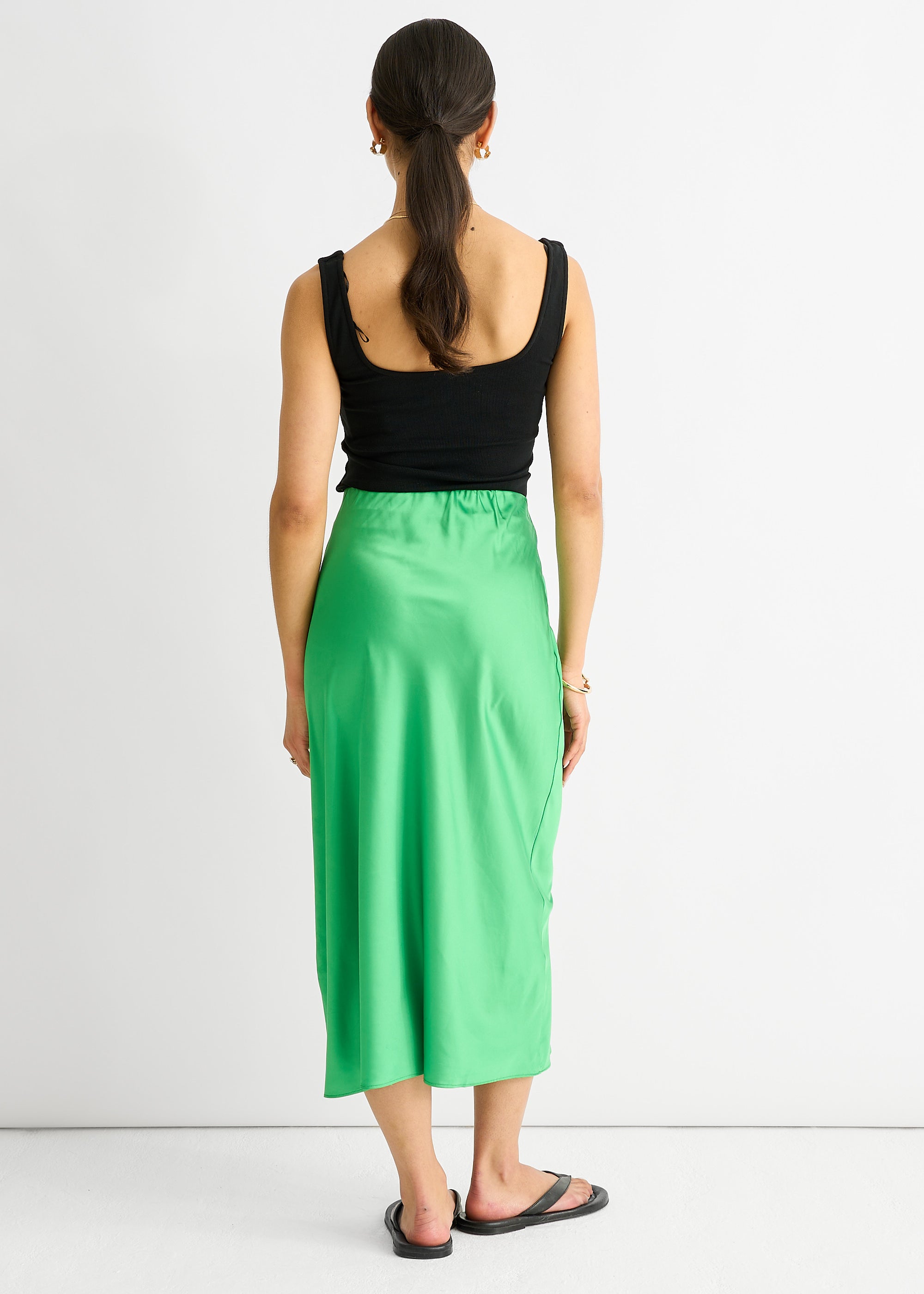 Green Satin High Waist Midi Skirt