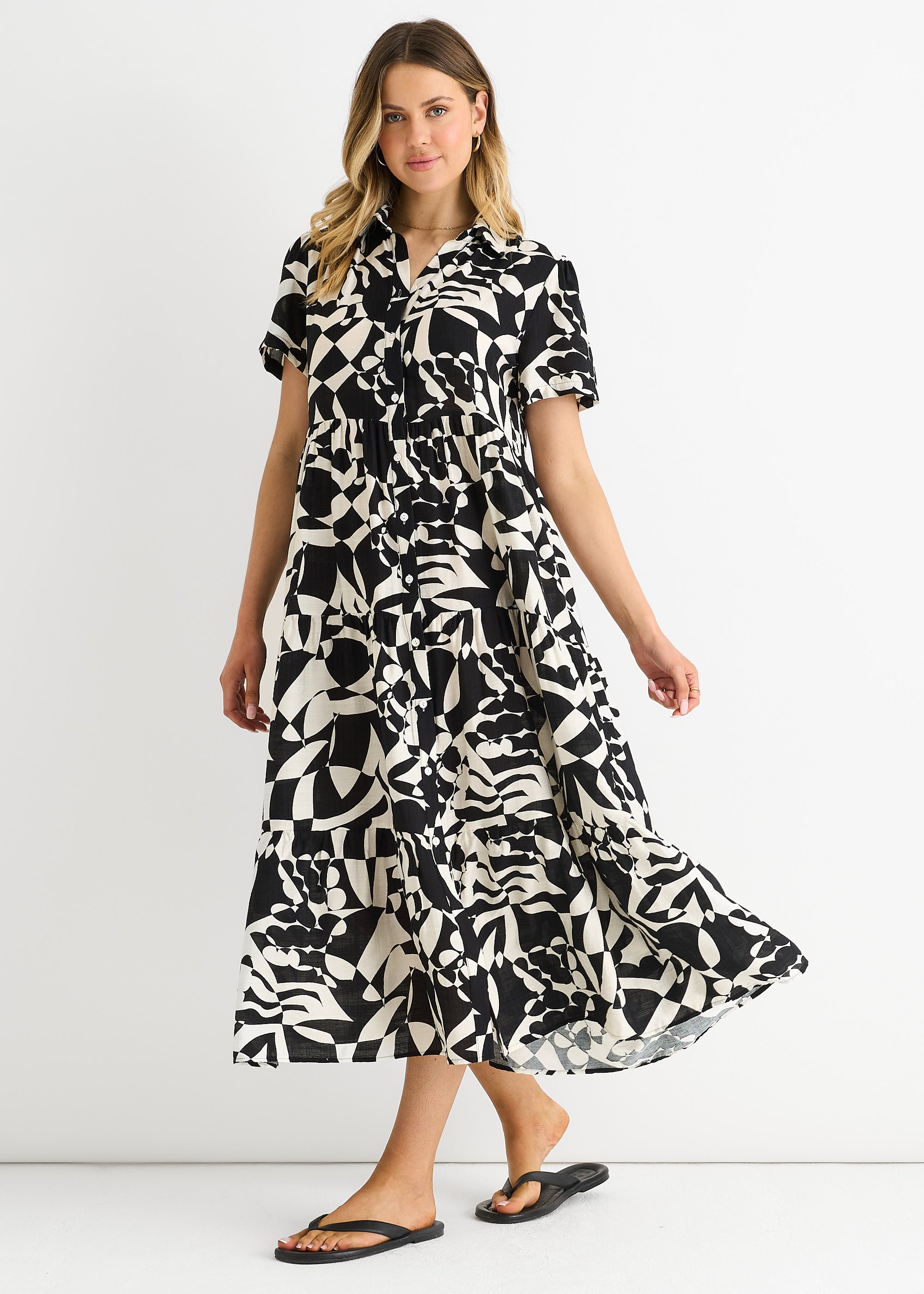 Black Aztec Print Oversized Smock Midi Dress