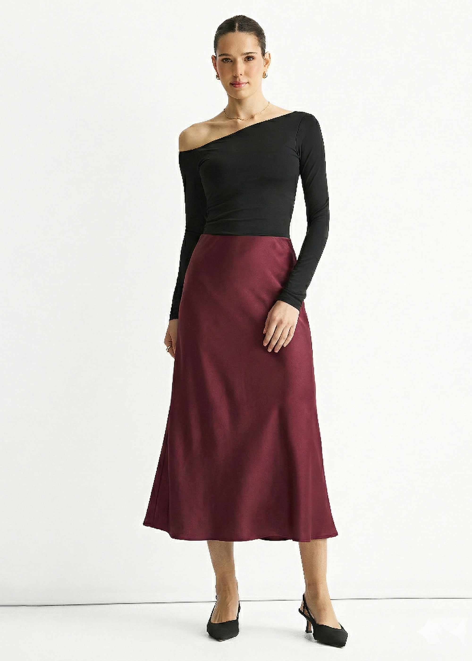 Burgundy Bias Midi Skirt