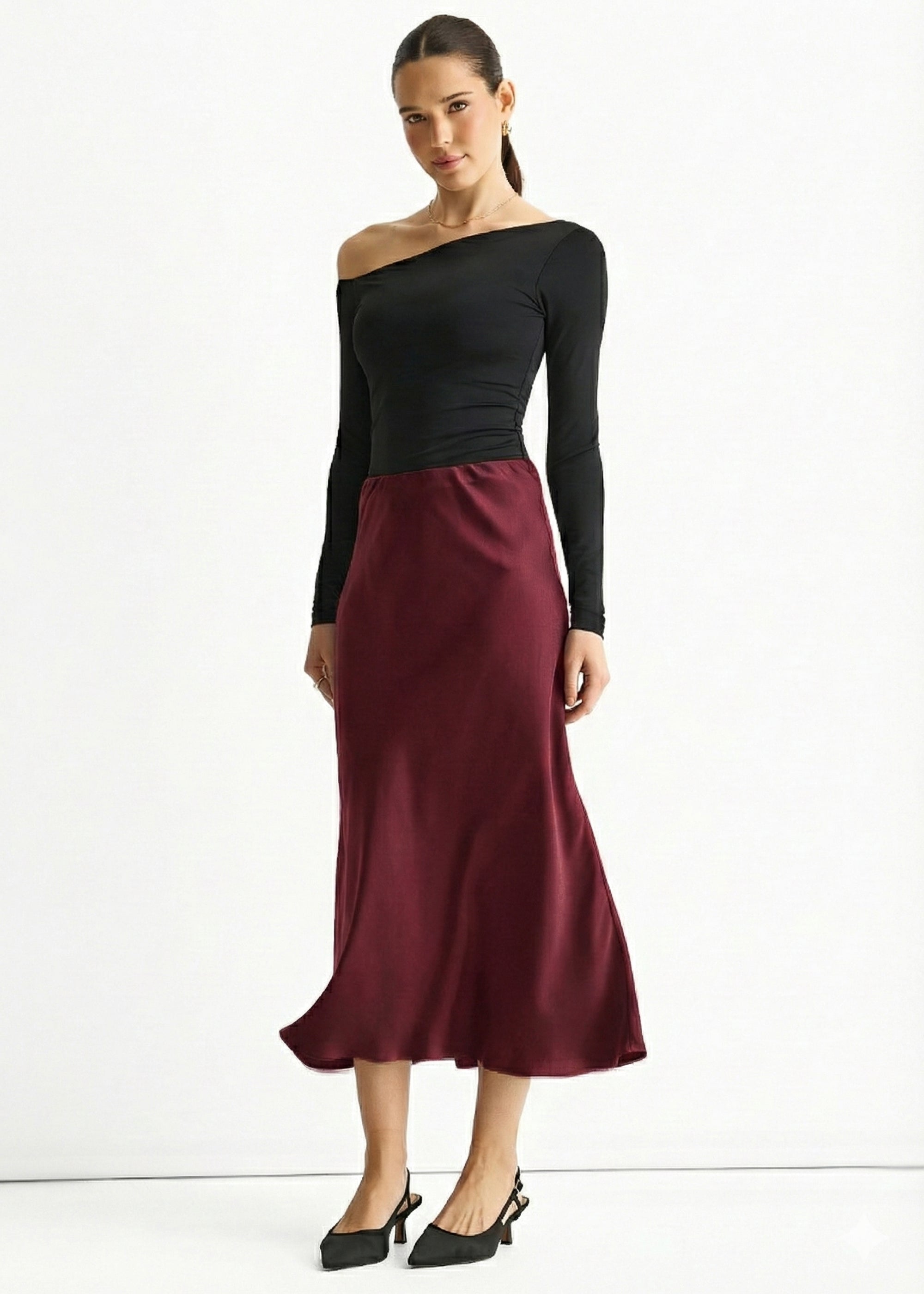Burgundy Bias Midi Skirt