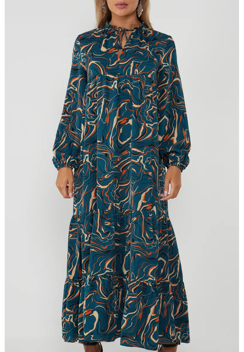 Teal Swirl Print Smock Maxi Dress