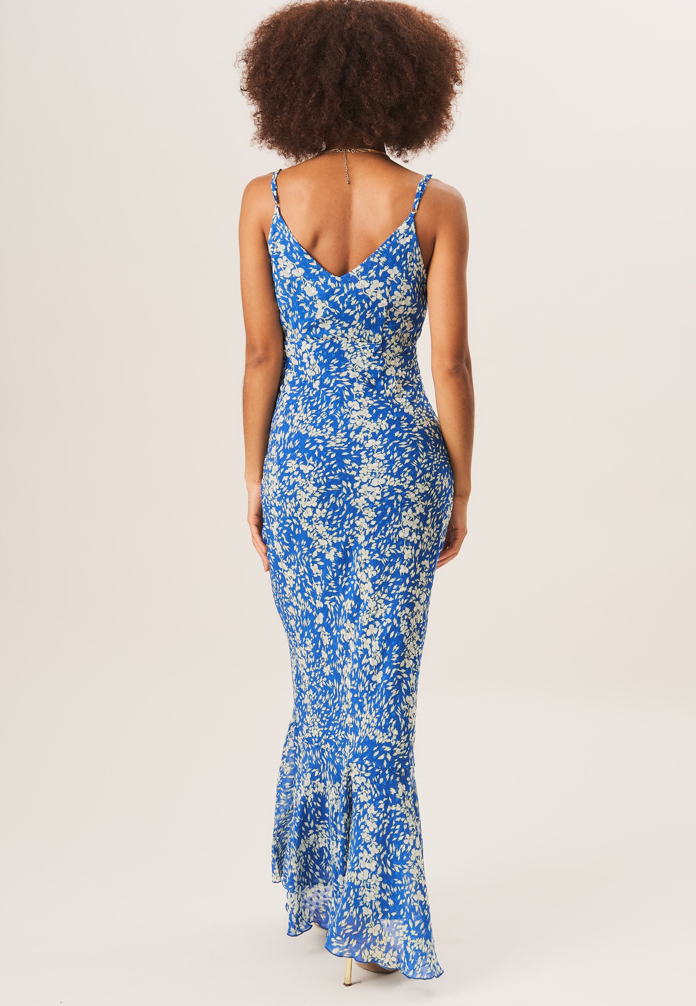Blue Dobby Floral Chiffon Strappy Maxi Dress