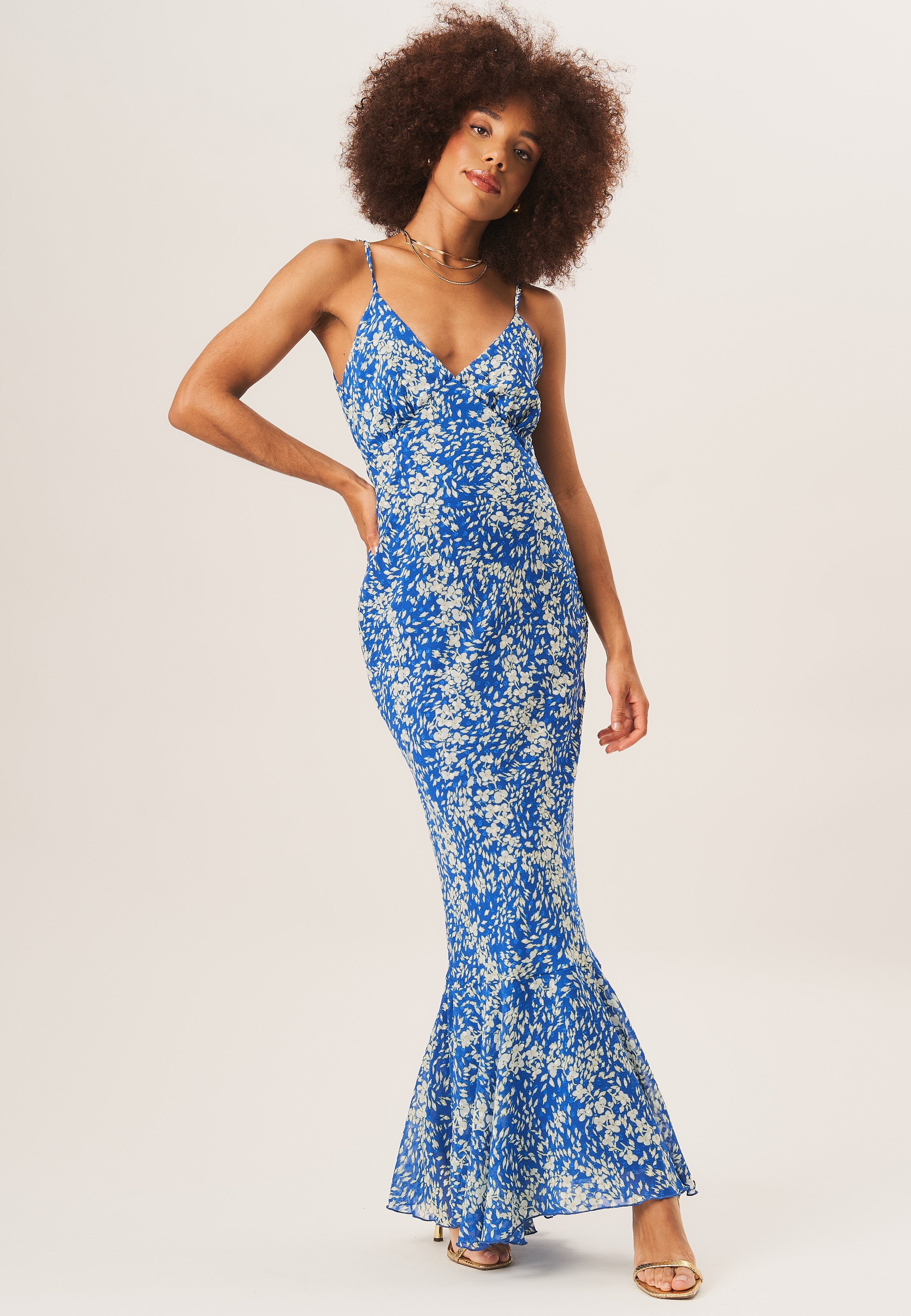 Blue Dobby Floral Chiffon Strappy Maxi Dress