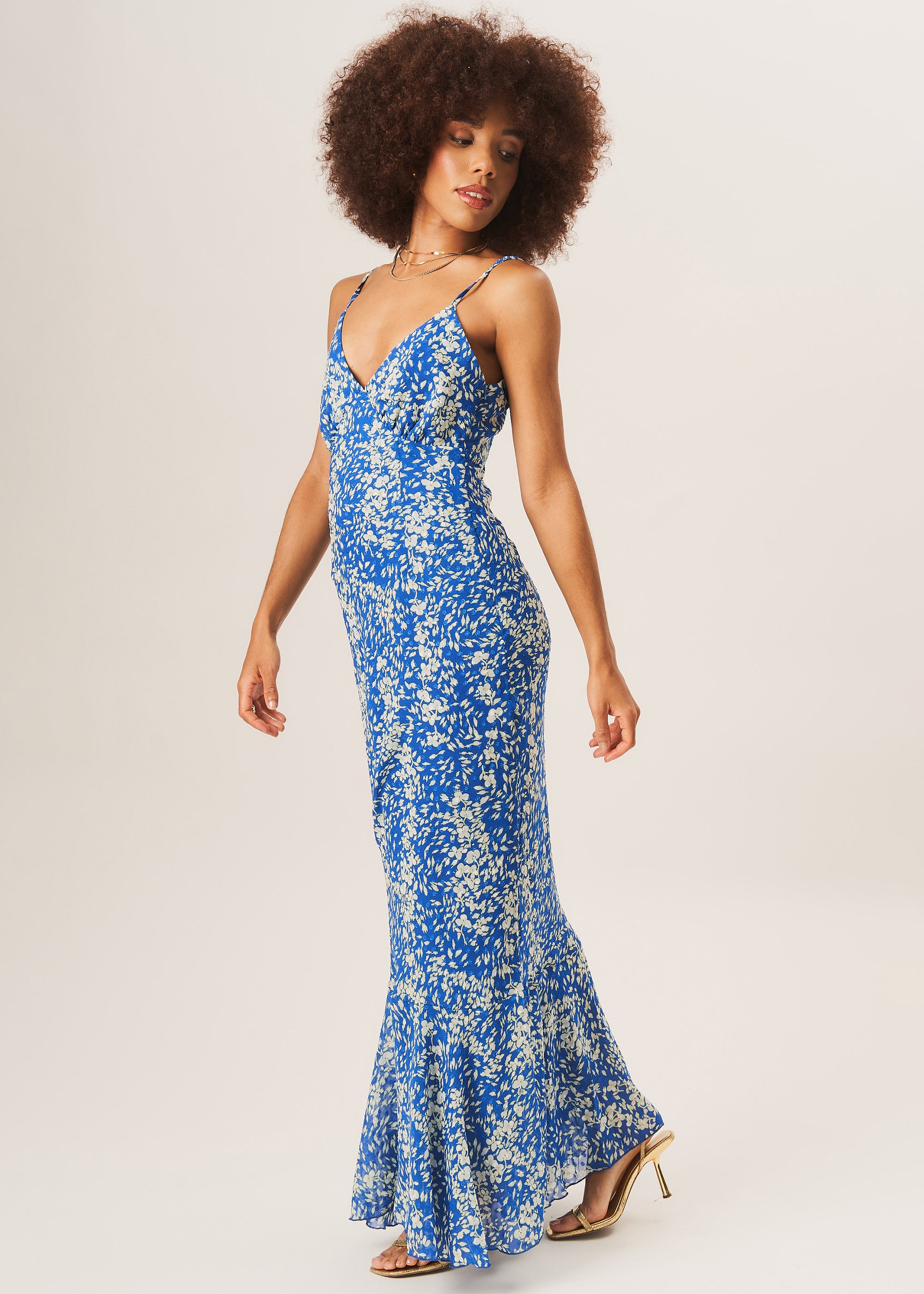 Blue Dobby Floral Chiffon Strappy Maxi Dress