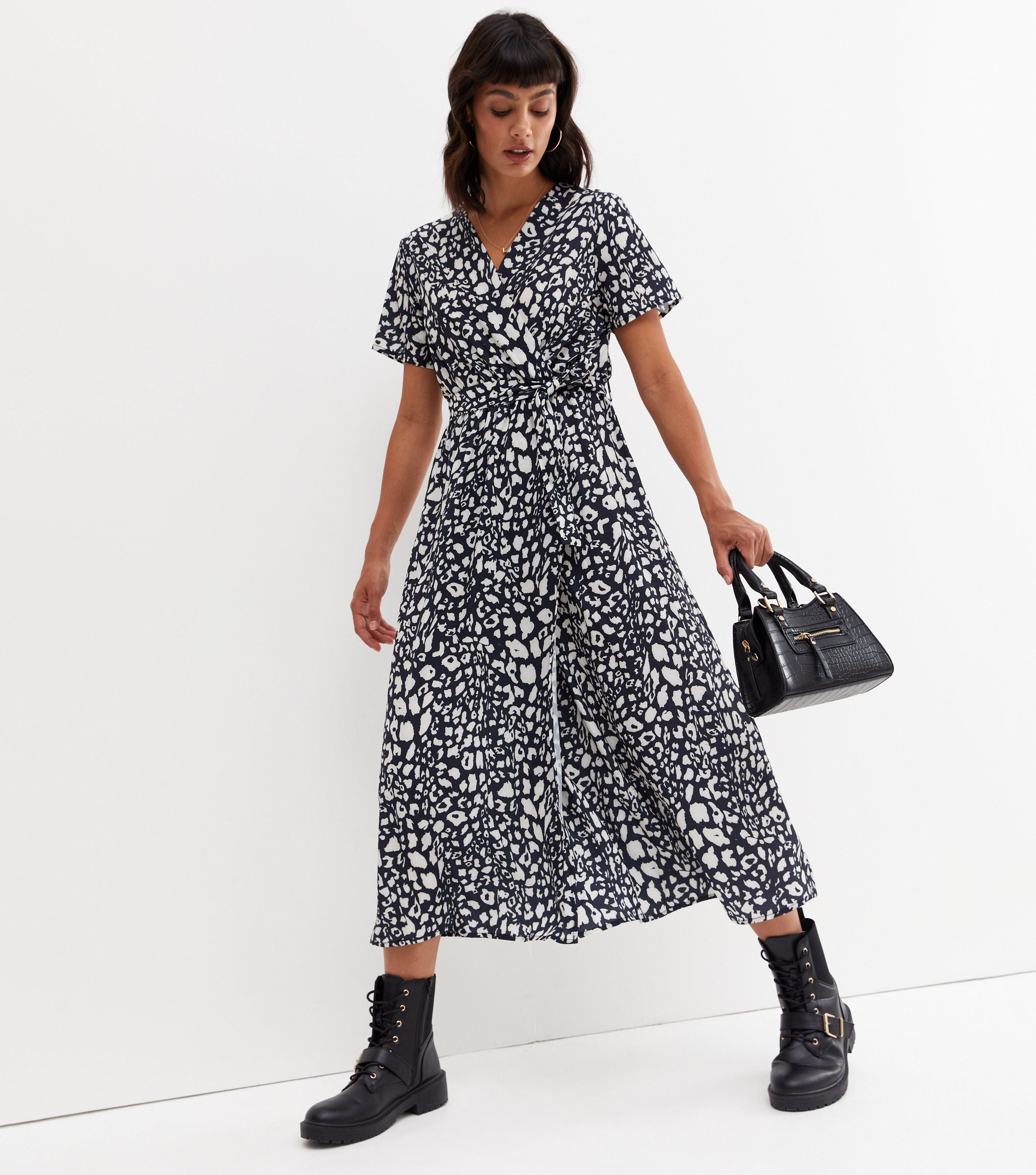 Black Short Sleeve Animal Print Wrap Maxi Dress