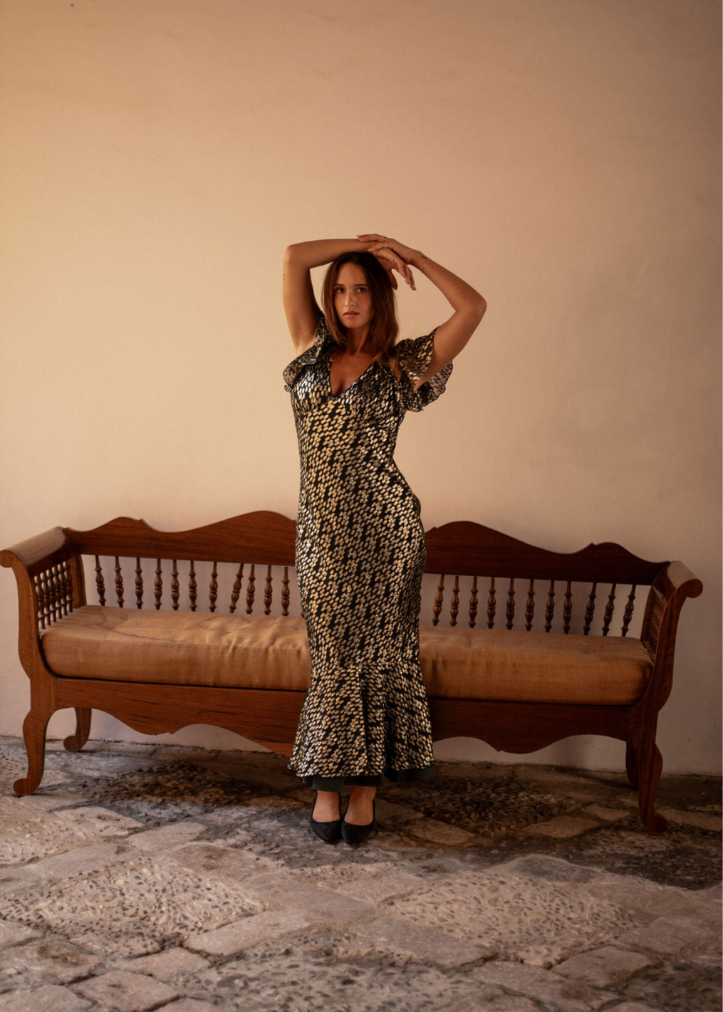 Dark Green Viscose Clipped Gold Jacquard Bias Cut Maxi Dress