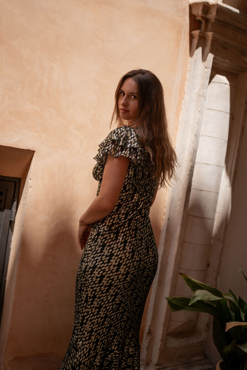 Dark Green Viscose Clipped Gold Jacquard Bias Cut Maxi Dress
