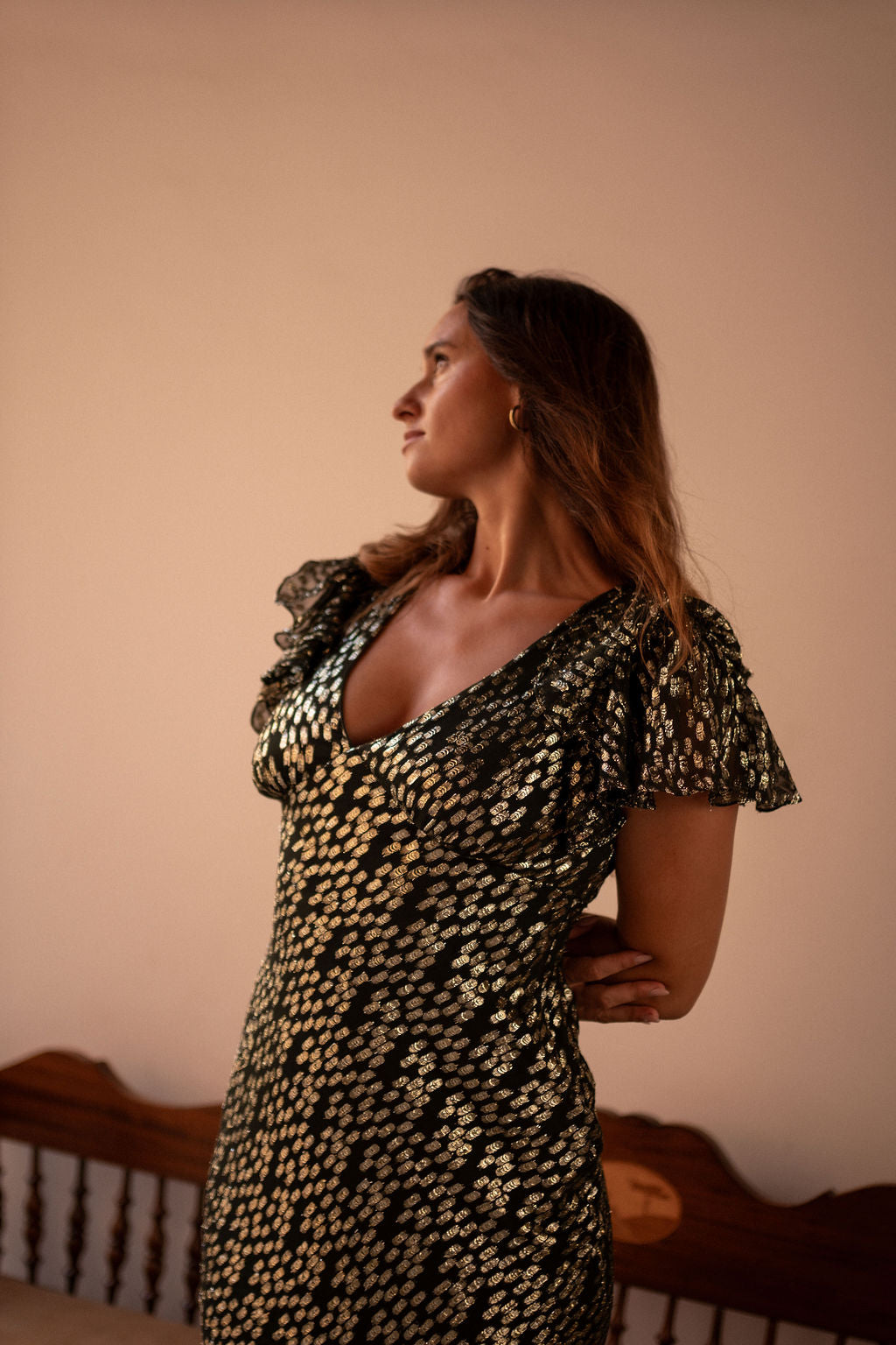Dark Green Viscose Clipped Gold Jacquard Bias Cut Maxi Dress