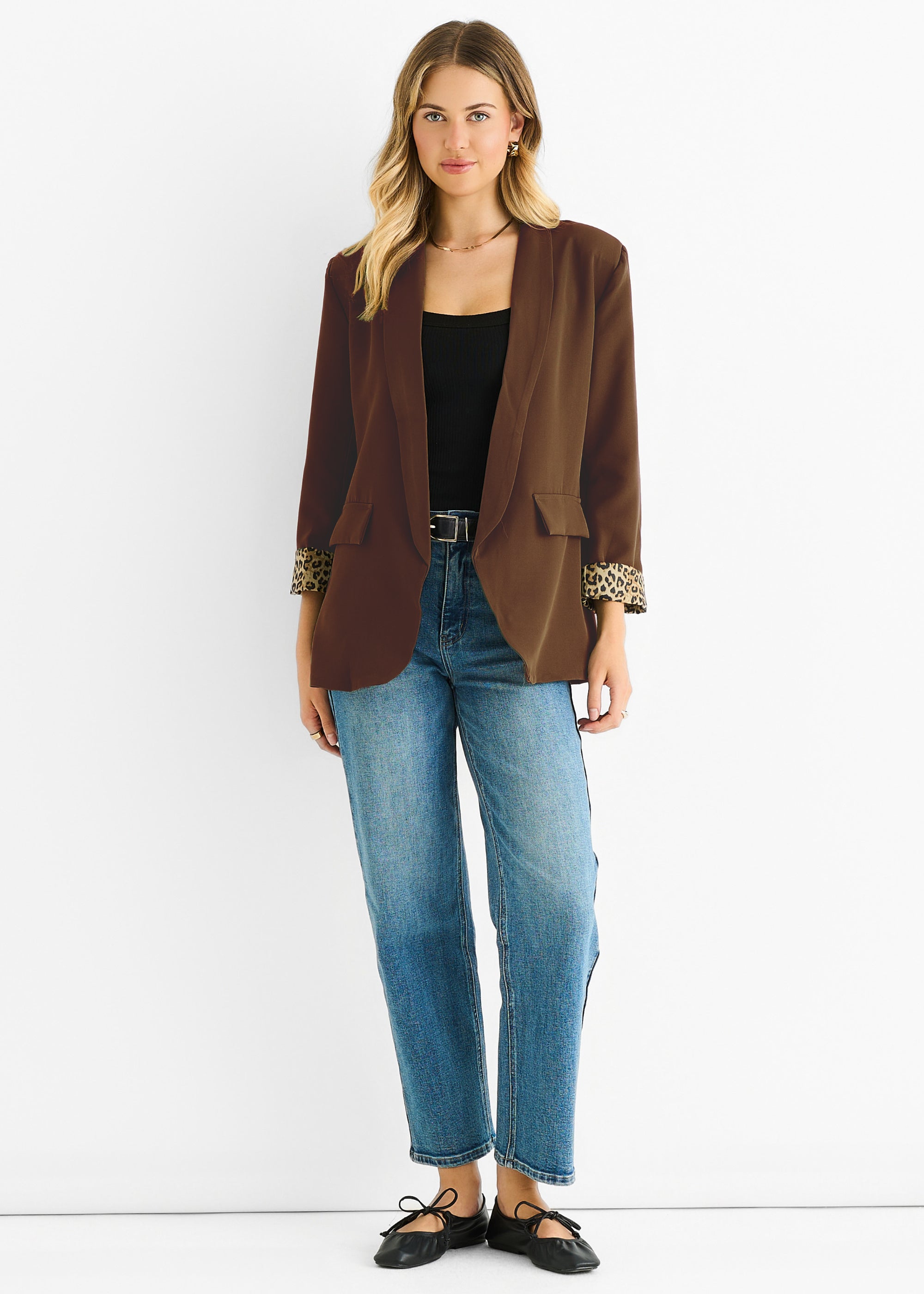 Brown Contrast Animal Edge to Edge Blazer