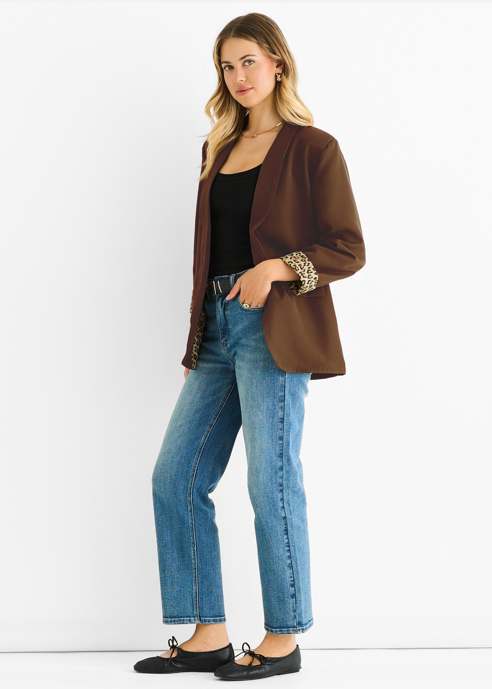 Brown Contrast Animal Edge to Edge Blazer