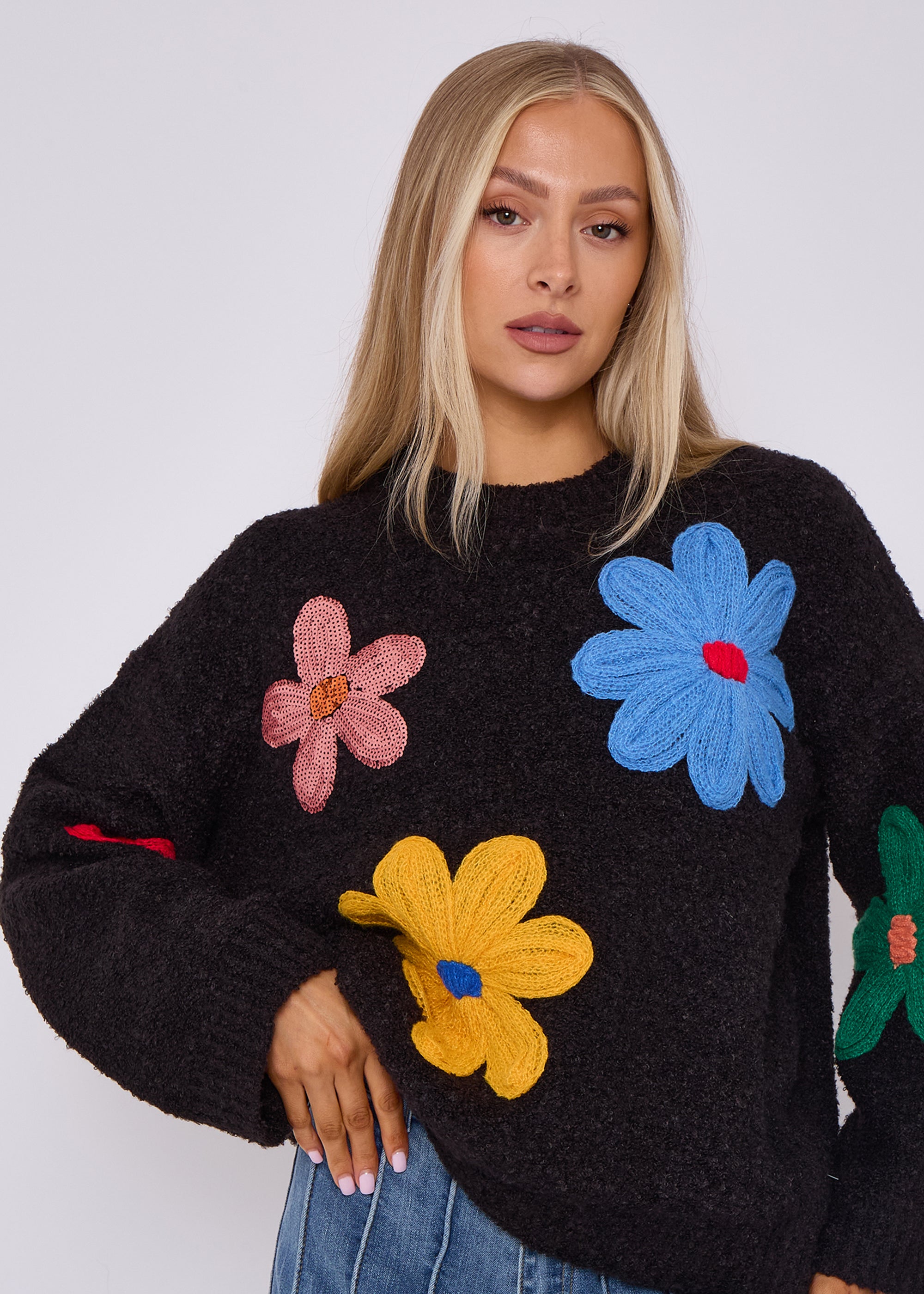 Black Floral Applique Oversized Jumper