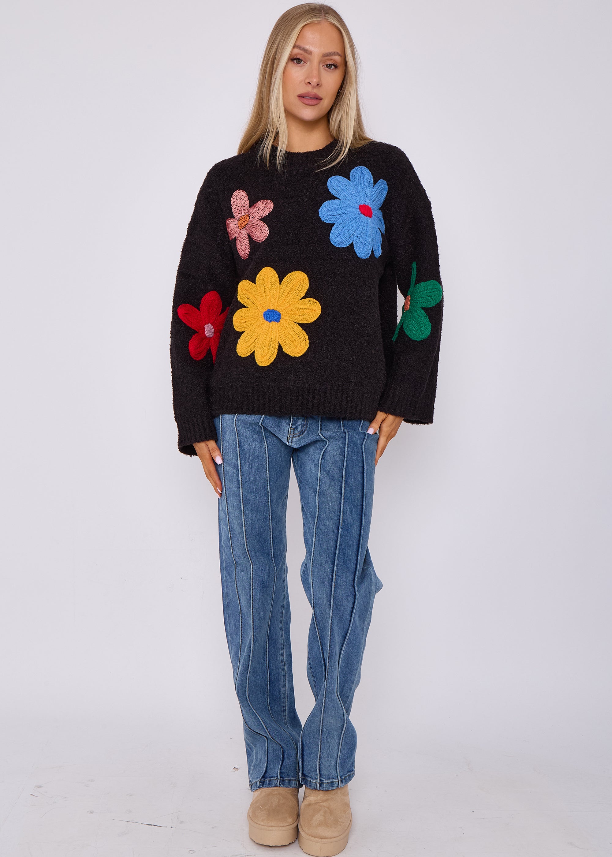 Black Floral Applique Oversized Jumper
