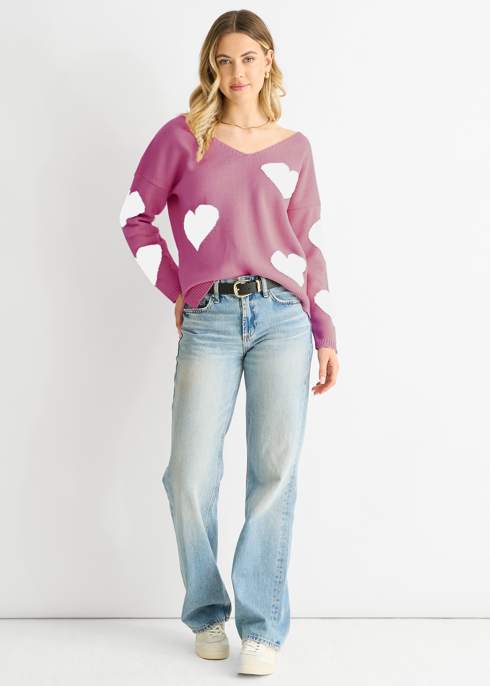 Dusty Pink V Neck Oversized Heart Knit Jumper