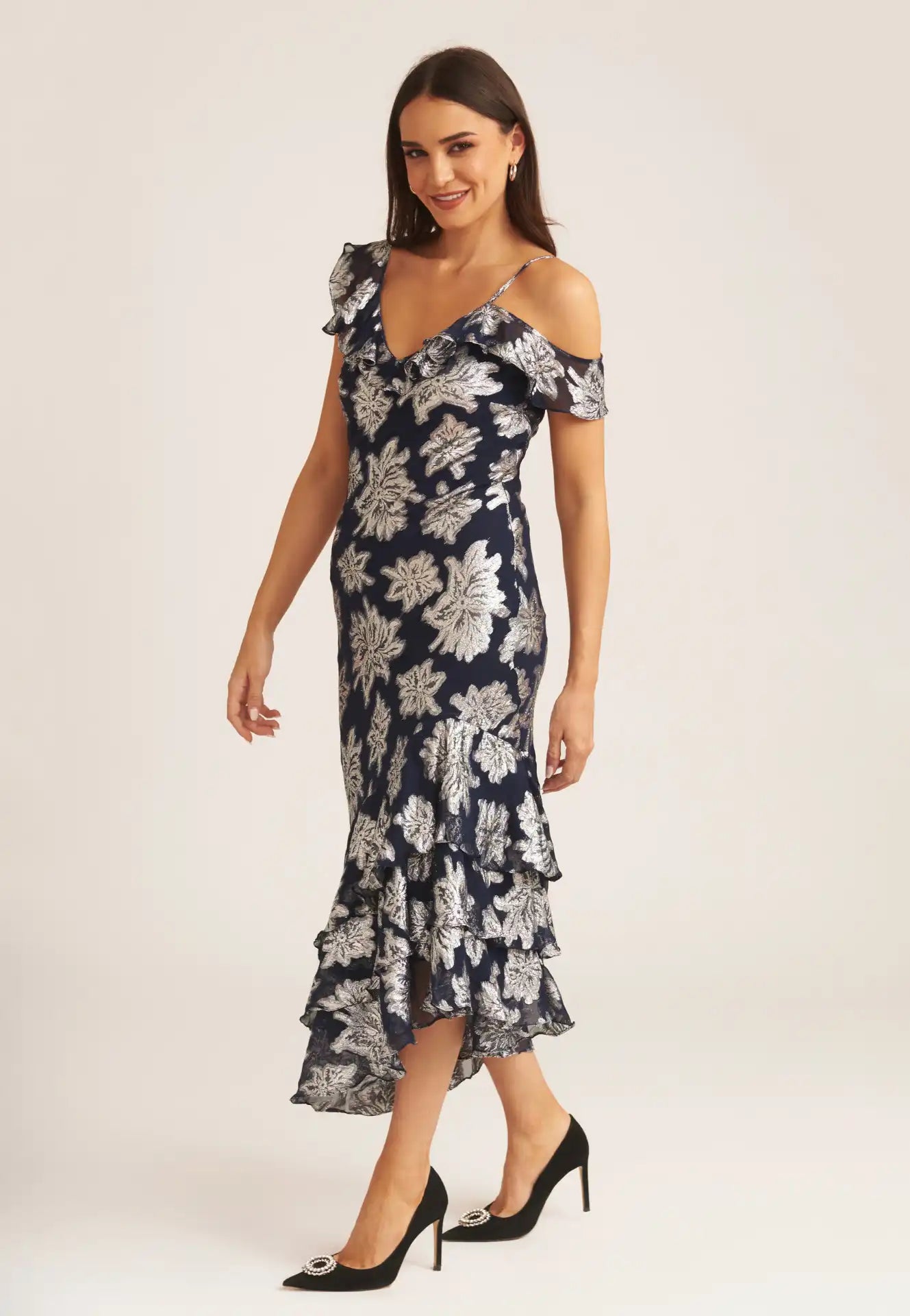 Navy Floral Clipped Tiered Ruffle Midi Dress