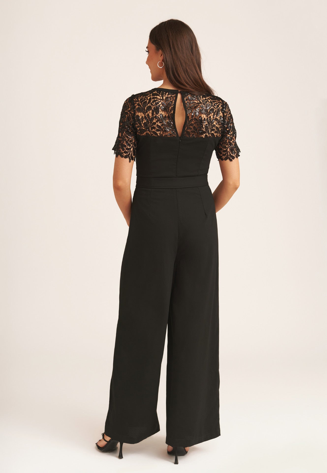 Black Floral Lace Sequin Belted Occasional Jumpsuit