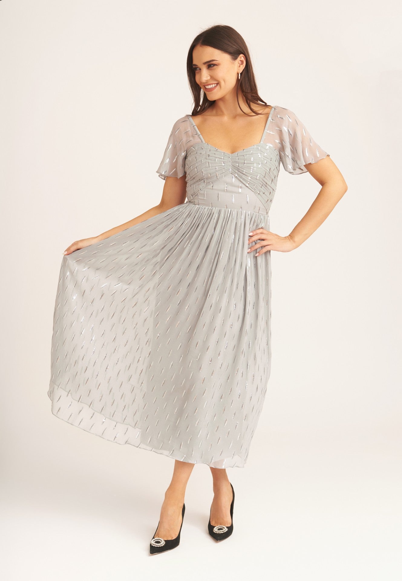 Silver Jacquard Metallic Angel Sleeves Midi Dress