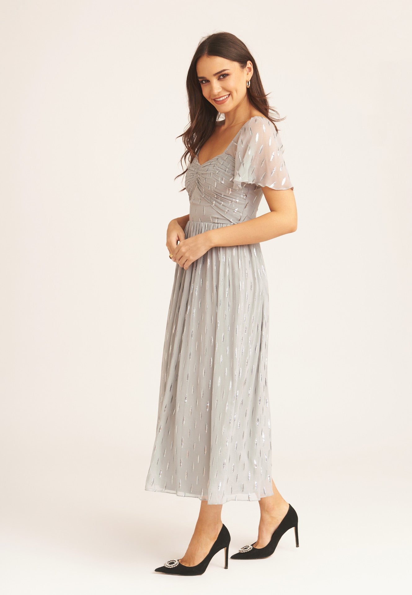 Silver Jacquard Metallic Angel Sleeves Midi Dress