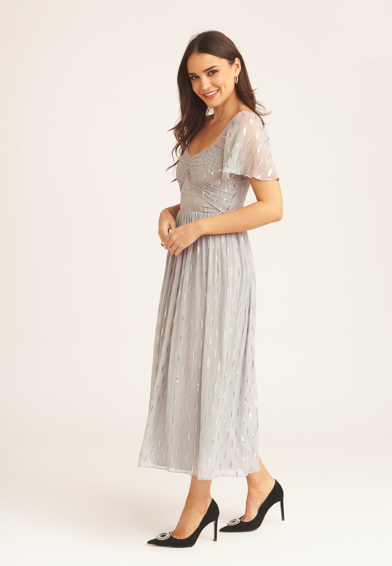 Silver Jacquard Metallic Angel Sleeves Midi Dress – Gini London