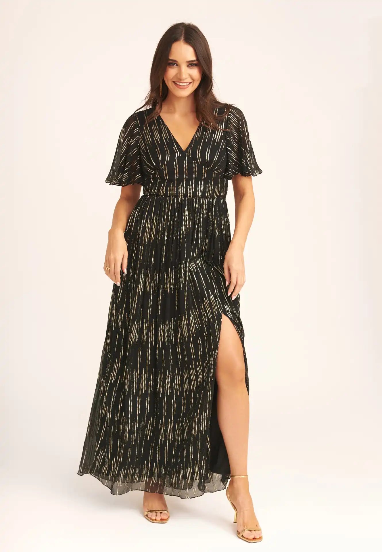 Black Stripe Foil Angel Sleeves Maxi Dress