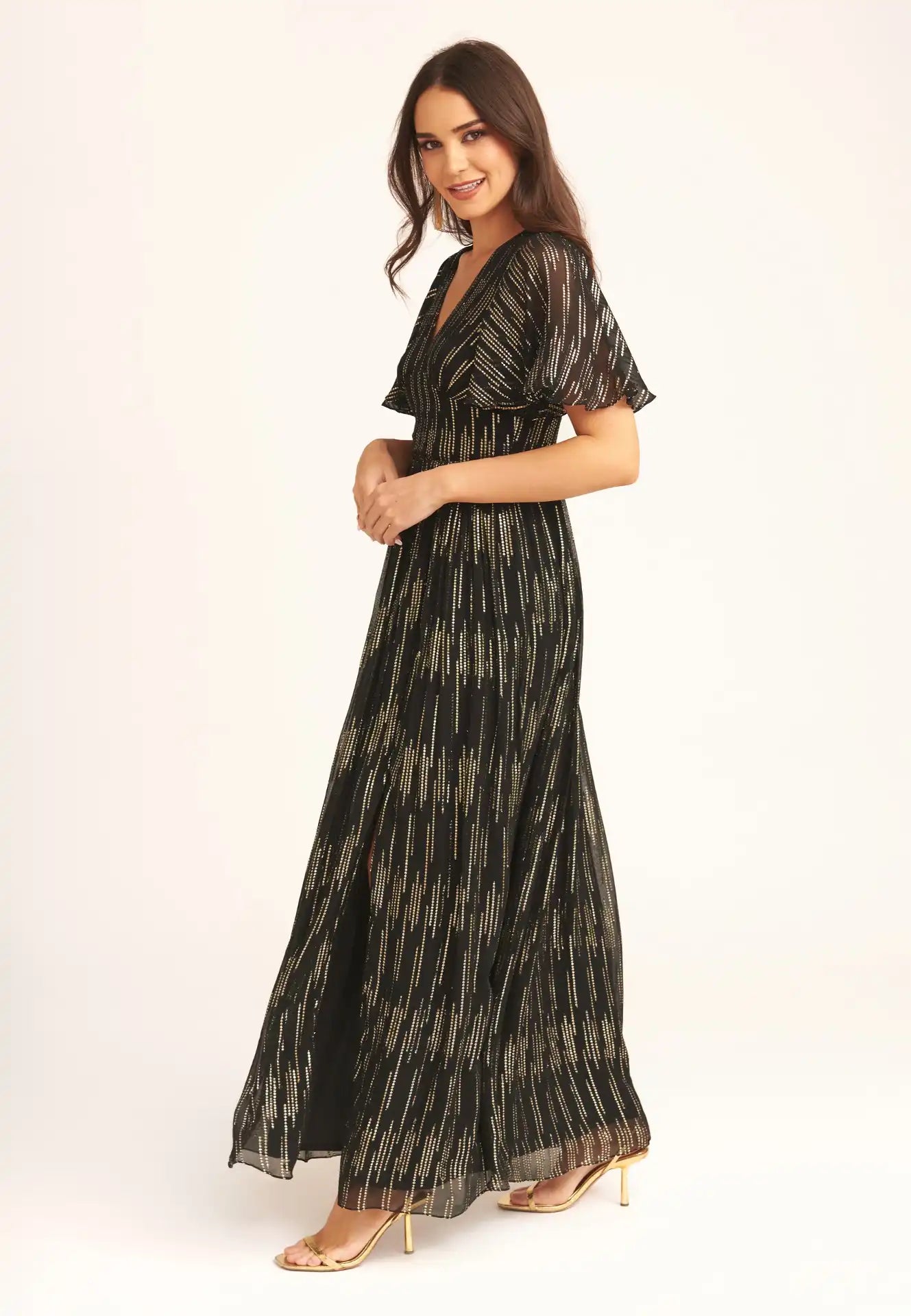 Black Stripe Foil Angel Sleeves Maxi Dress