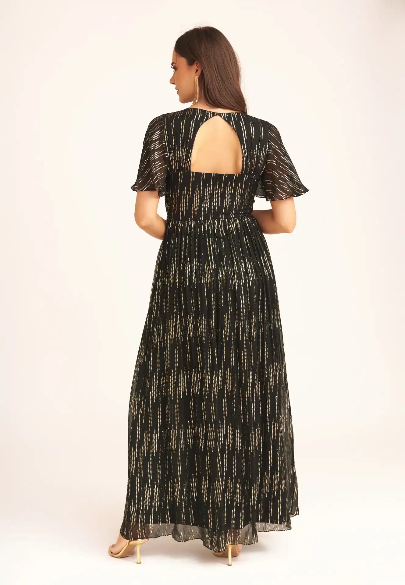 Black Stripe Foil Angel Sleeves Maxi Dress