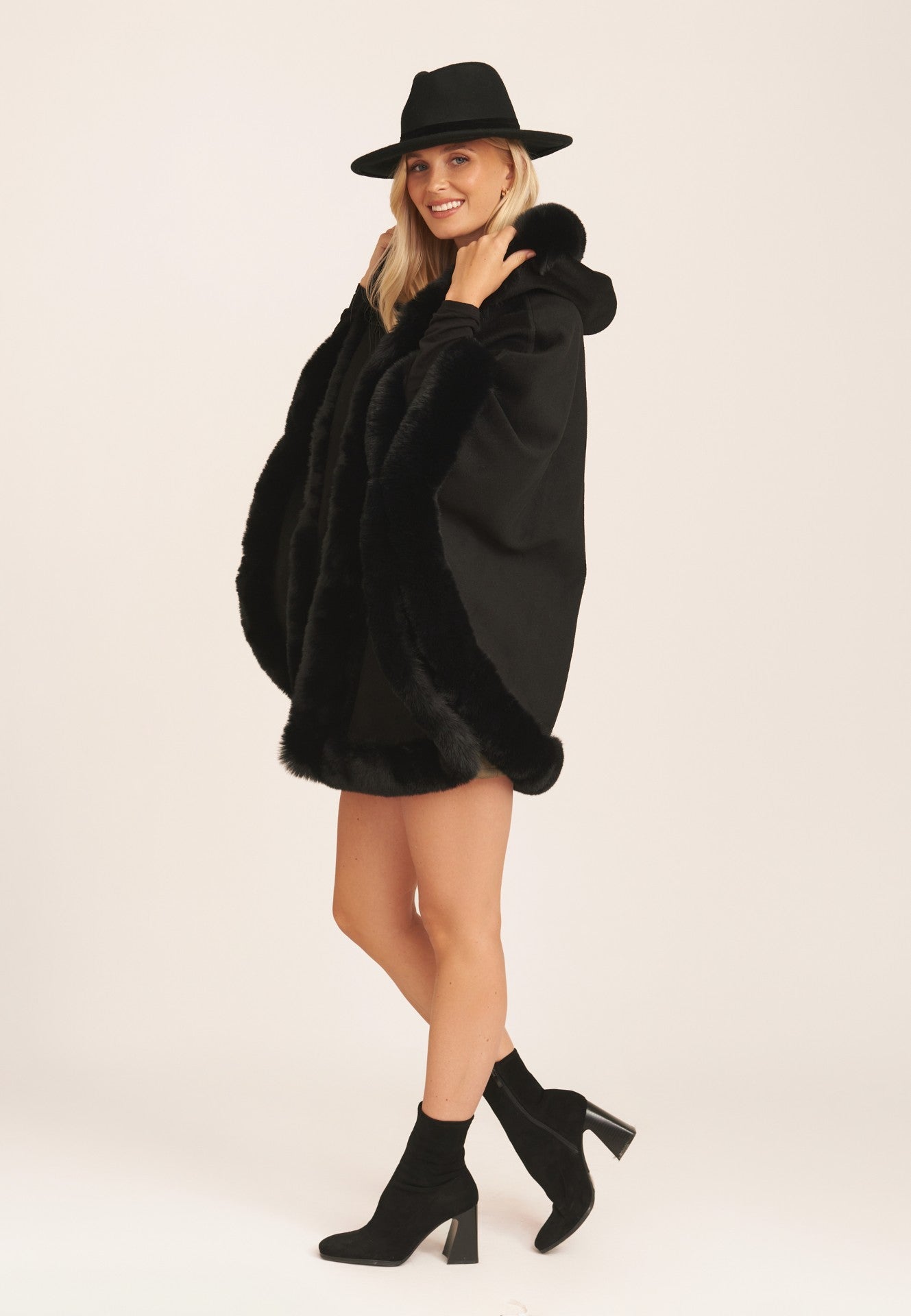 Black Soft Fur Trim Hooded Oversized Cape