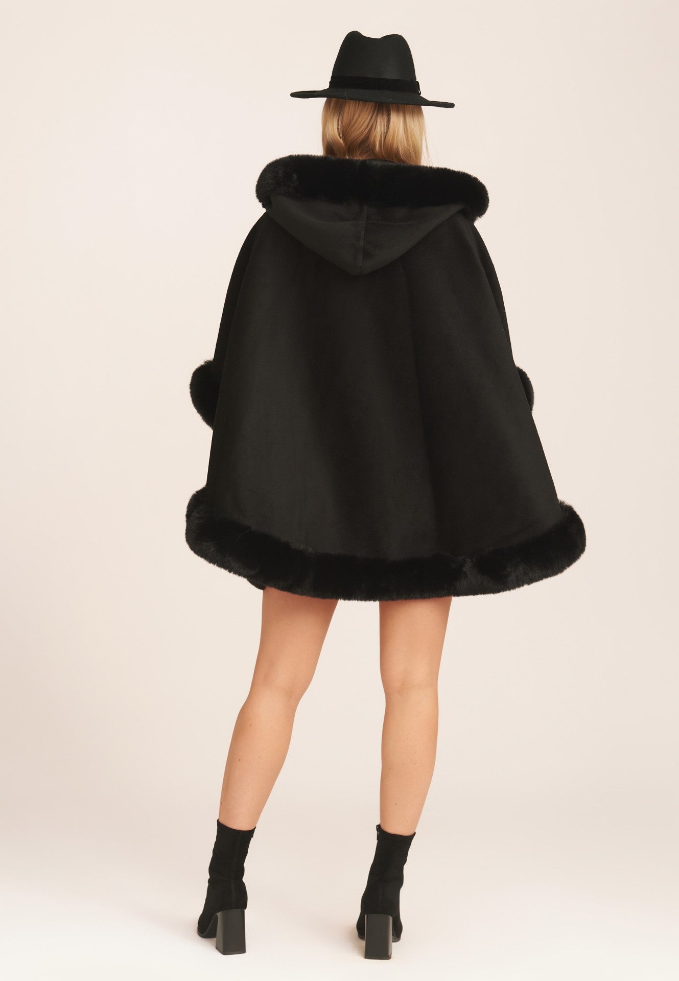 Black Soft Fur Trim Hooded Oversized Cape