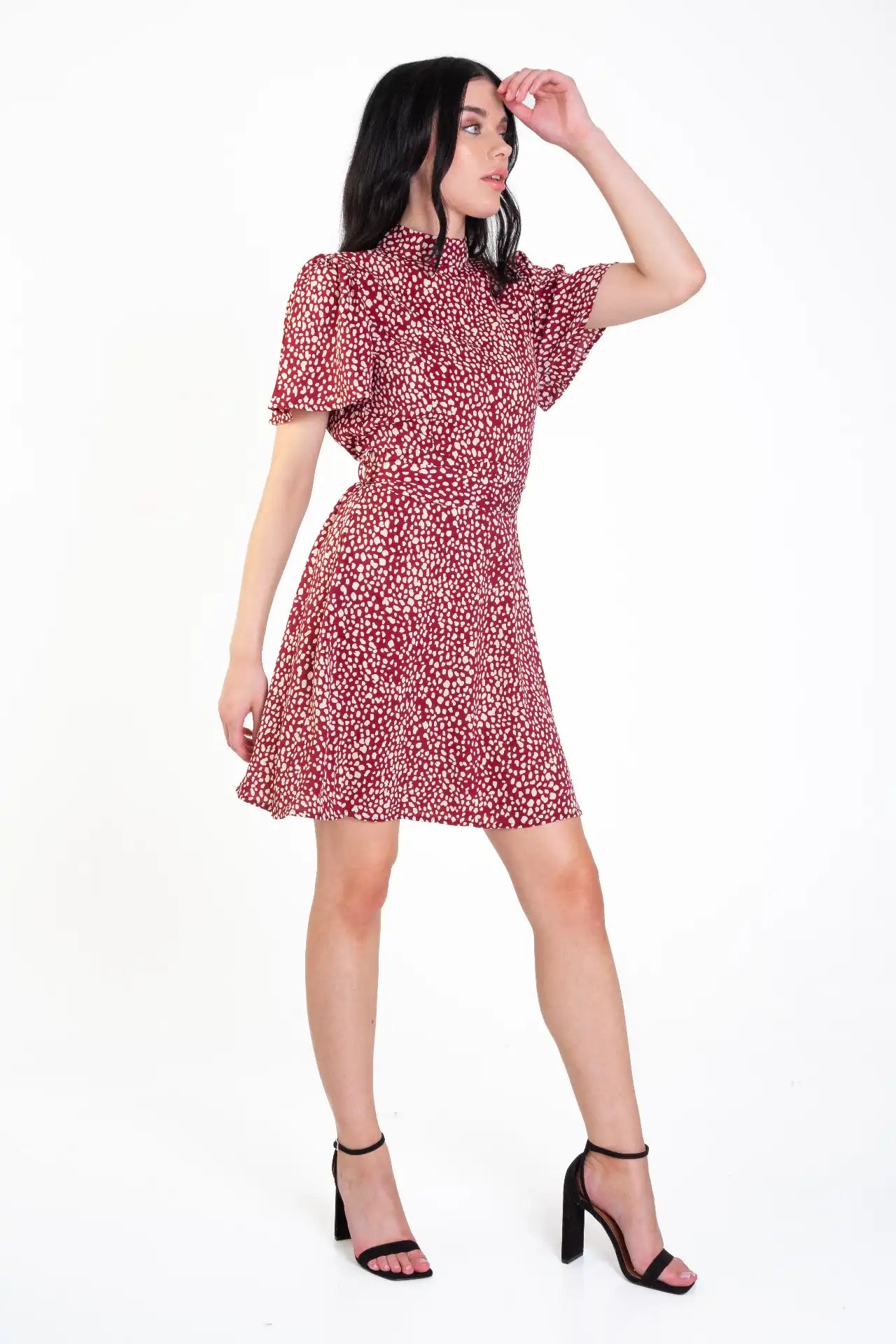 Burgundy Animal Print High Neck Skater Mini Dress